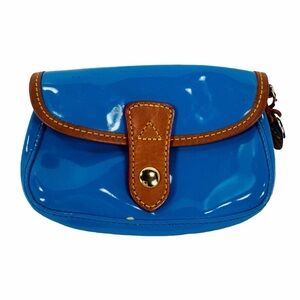 Dooney & Bourke Patent Leather Clutch in Bright Blue with Brown Trim